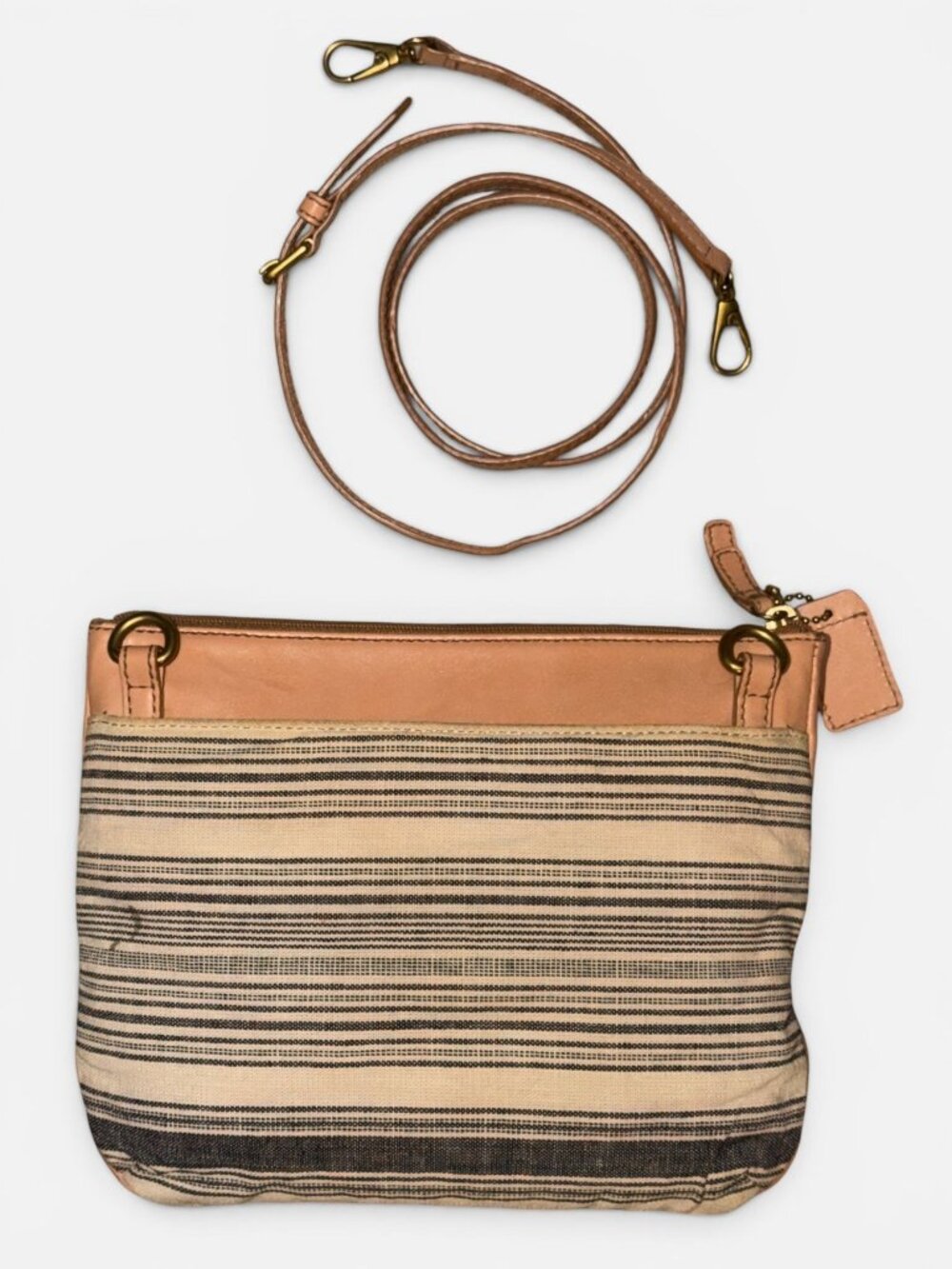 VTG Fossil Issue No 1954 Explorer Series Crossbody Striped Canvas Tan Bag VEGAN - Picture 5 of 10